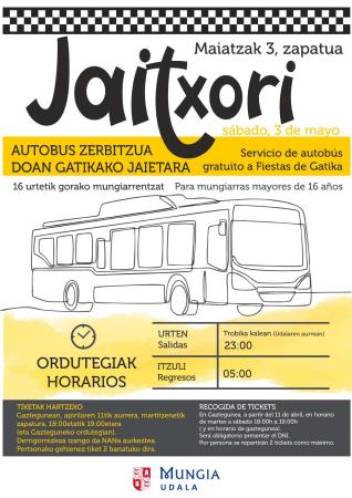 Imagen Mungia retoma el servicio gratuito de autobús nocturno para fiestas ‘Jaitxori’