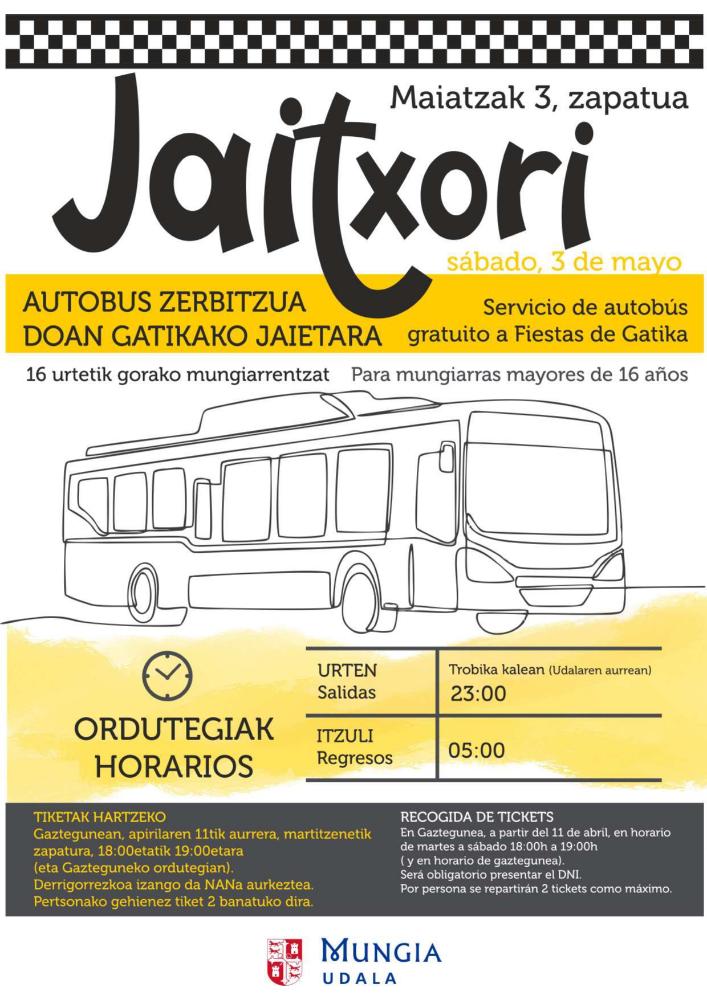 Imagen Mungia retoma el servicio gratuito de autobús nocturno para fiestas ‘Jaitxori’
