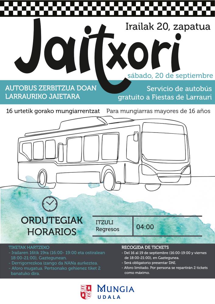 Imagen Jaitxori. Servicio de autobús gratuito a fiestas de Larrauri el 20 de...
